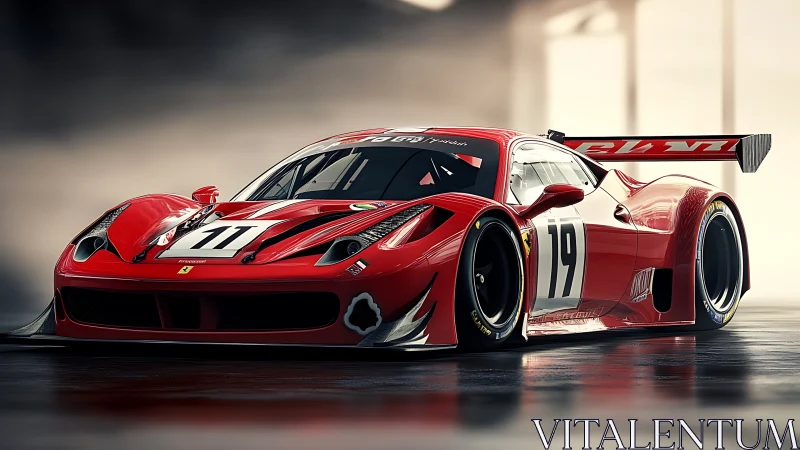 Red GT race car under moody studio lighting in profile.