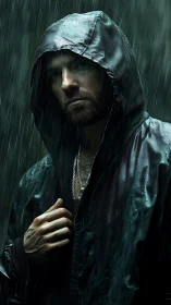 Hooded man standing in heavy rain wearing dark jacket.