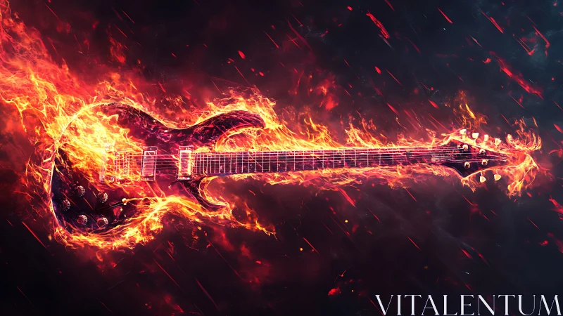 Electric guitar engulfed in stylized flames on dark field.