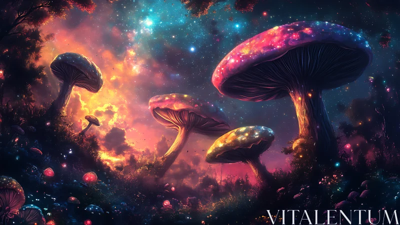 Starlit mushroom forest glows softly under a dreamy cosmic sky