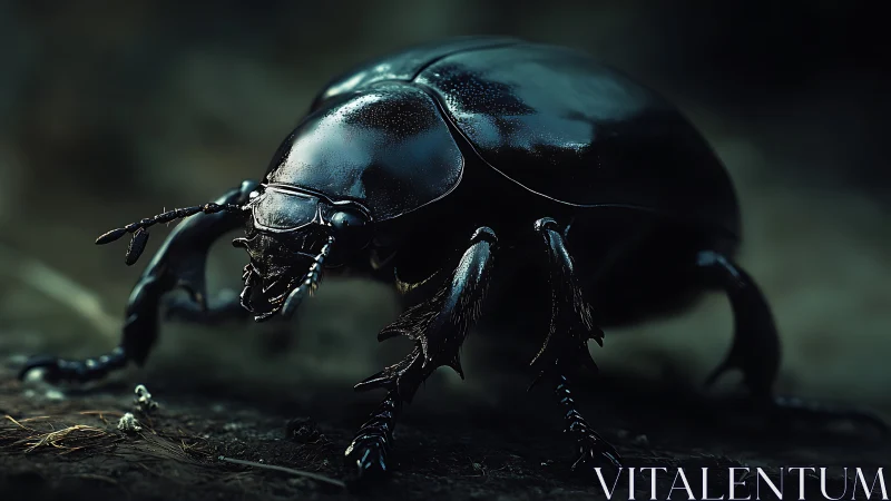Midnight beetle titan under eerie forest spotlight.
