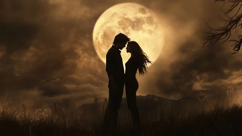 Silhouetted couple beneath oversized moon in nighttime landscape.
