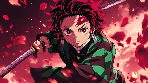 Anime swordsman in dynamic mid-swing framed by burning petals