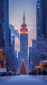 Snow-kissed city canyon crowned by glowing winter spire.