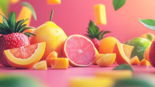 Juicy citrus and berries pop against vibrant pink backdrop.