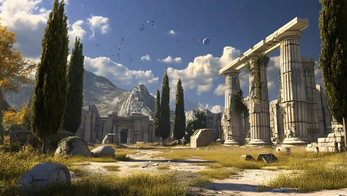 Ancient marble ruins bask in serene mountain sunlight.
