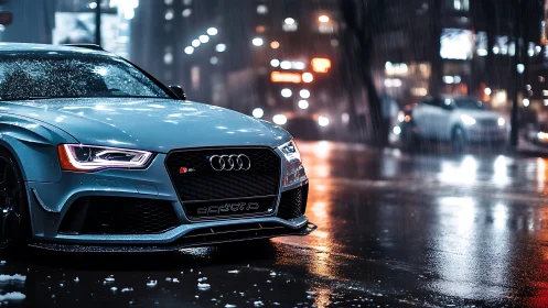 Sport sedan cuts wet neon city street under rainfall.