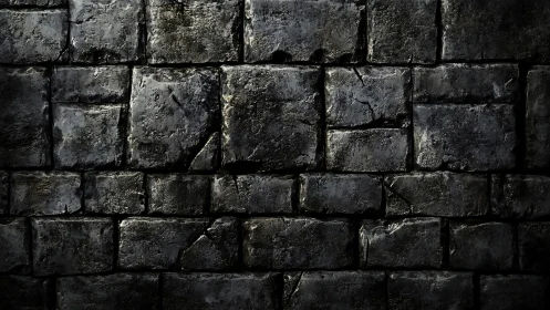 Photorealistic dark stone brick wall with aged surface texture.