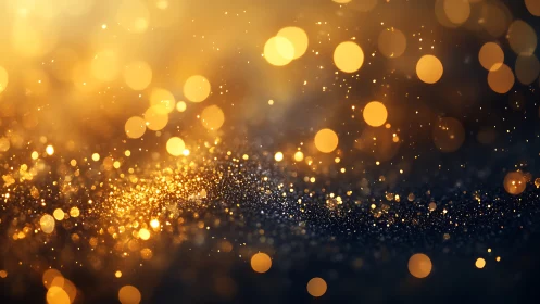 Defocused golden bokeh particles over dark glitter surface