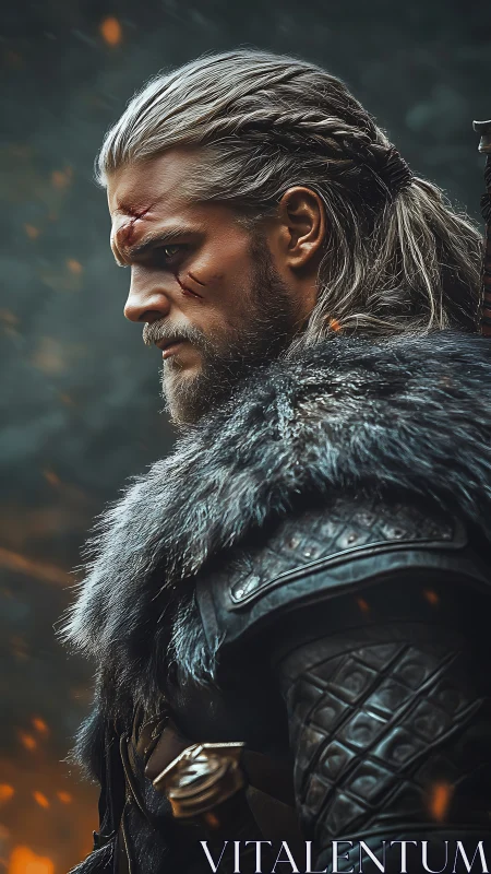 Battle-scarred warrior in fur and leather rendered as digital painting