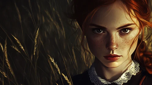 Red haired freckled girl stares intensely against tall grass