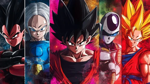 Five powerful anime warriors stand united in vivid color