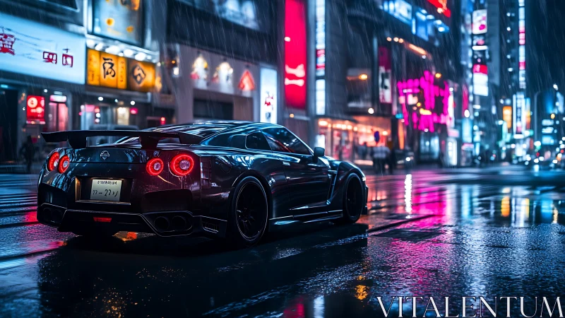 Rain-soaked Nissan GT-R under neon-saturated urban luminance.