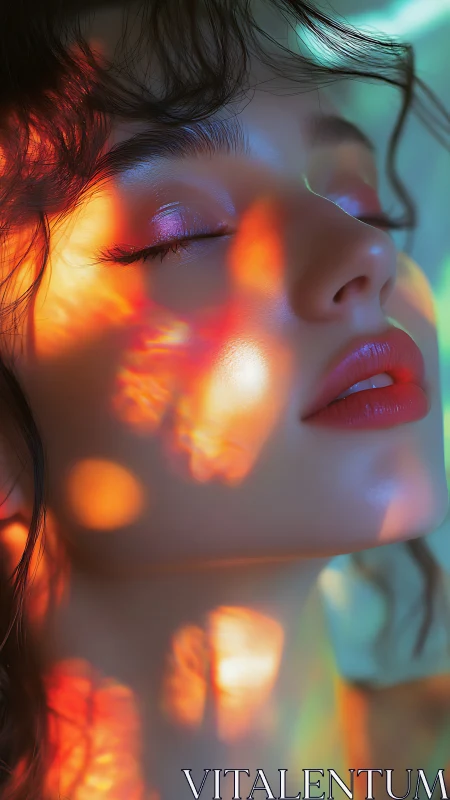Iridescent bokeh reflections cascade across a serene female face