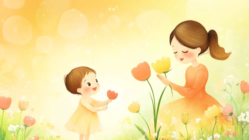 Woman and Child with Flowers in Garden Scene