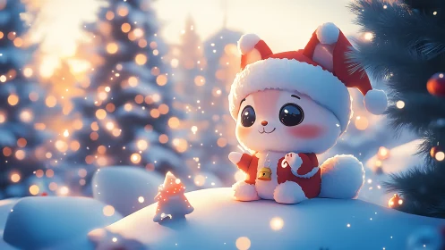 Cute Christmas fox character enjoys snowy holiday glow.