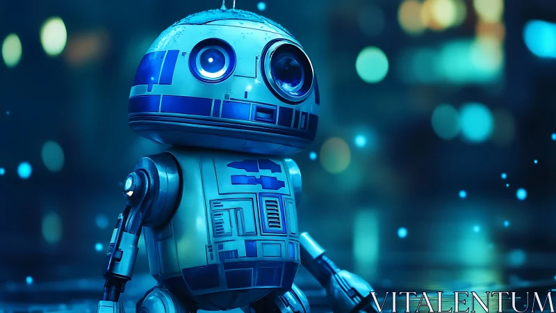 Cute blue robot stands on wet neon street at night.