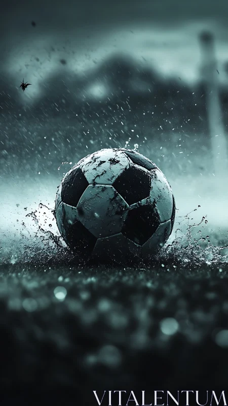 Soccer ball impacts wet ground and displaces water upward forcefully