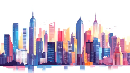 Stylized multicolor modern city skyline with tall towers.