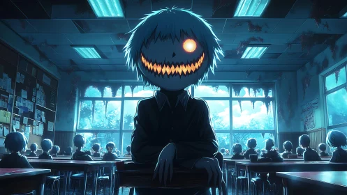 Pumpkin-headed figure seated in decayed classroom interior.