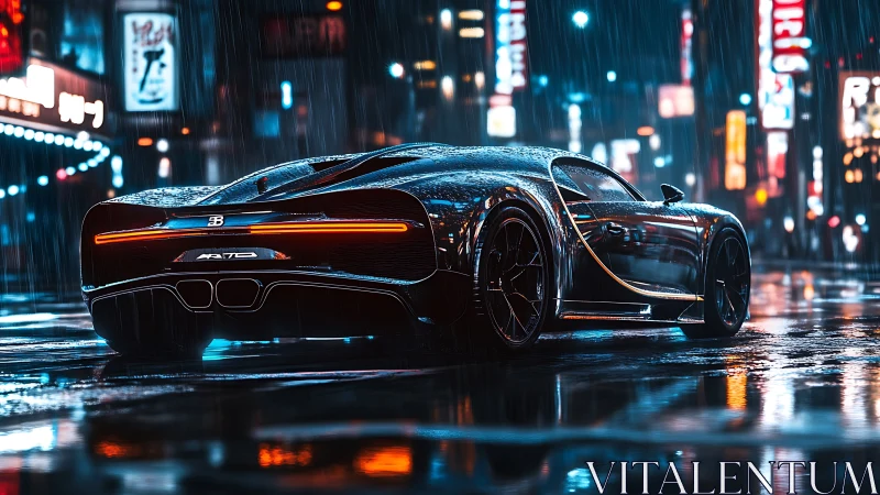 Bugatti hypercar on wet neon city street at night.