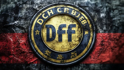 Metallic Dff emblem rests over weathered tricolor banner