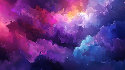 Cosmic nebula clouds in vivid swirling neon colors.