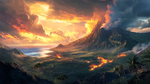 Volcanic dawn ignites a mythic coast of fire and mist.