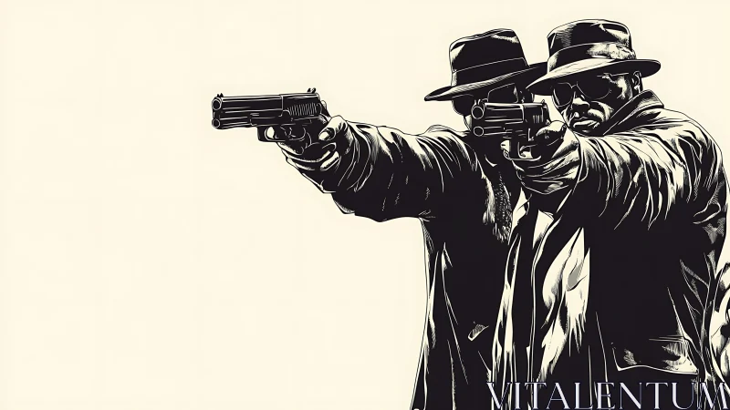 Two armed figures in noir trench coats aim forward in unison.