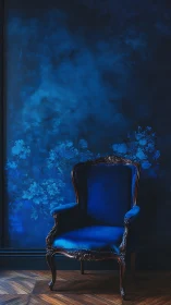Velvet blue armchair rests against moody floral wall.