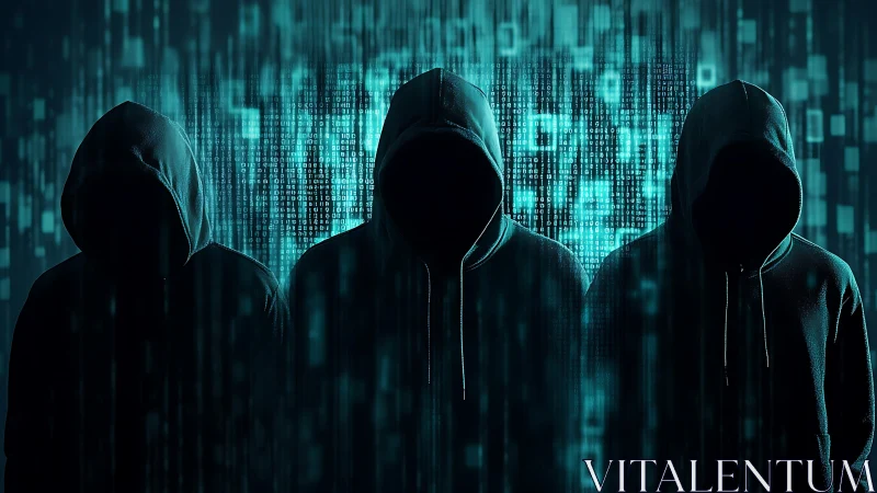 Hooded phantoms stalk neon code rain in silent alliance.