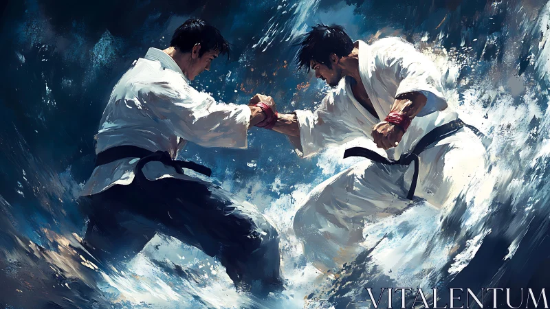Martial artists locked in dynamic, ocean-splashed combat tableau.