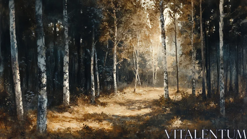 Birch Forest Path with Golden Autumn Light