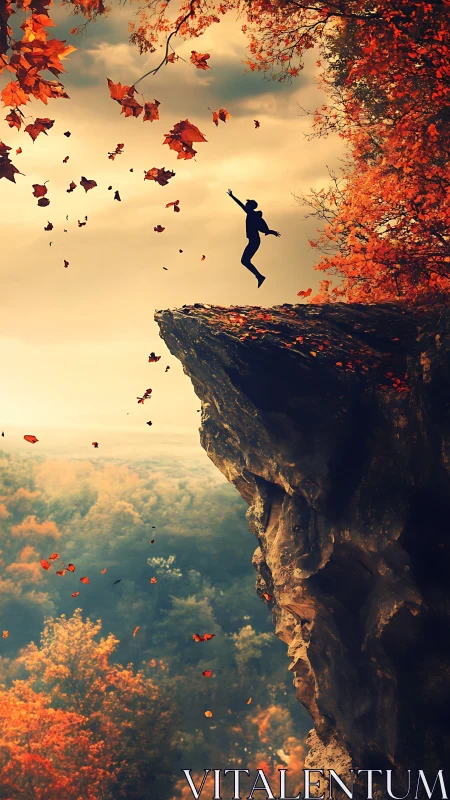 Silhouette leaping from autumn cliff above misty forest valley