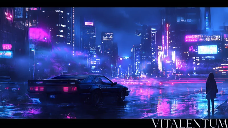 Neon lit rainy cyberpunk street with car and lone figure.