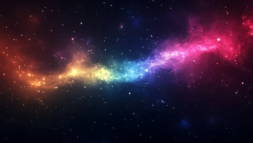 Cosmic rainbow nebula streams across a star-studded void.