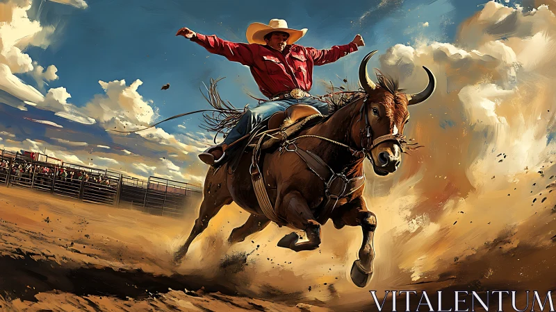 Dust-charged rodeo bull charge with triumphant cowboy rider.