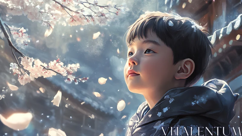 Child gazes at drifting cherry blossoms in soft spring light