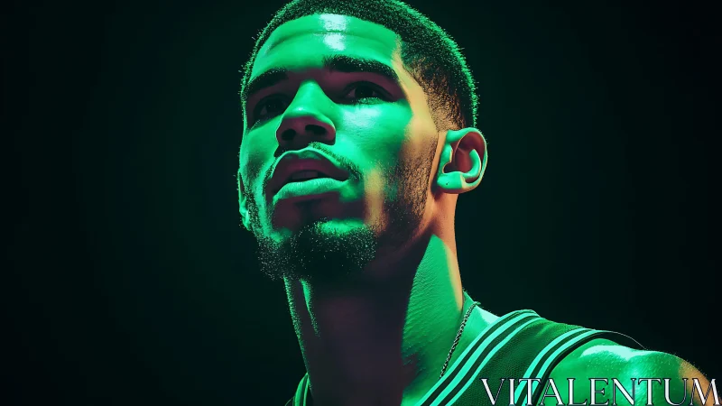 Emerald arena lights sculpt a poised basketball warrior’s focus