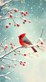 Red cardinal on snowy berry branch in gentle snowfall.