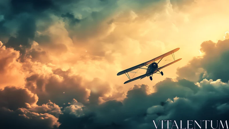 Vintage biplane flies through dramatic sunset storm clouds.
