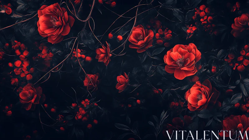 Red Peonies and Berries Against Dark Background.