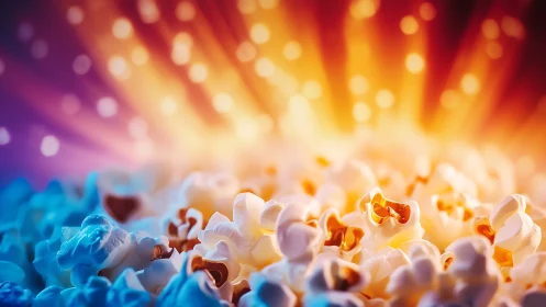 Cinematic popcorn macro under radiant bokeh light burst.