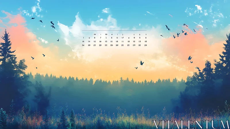 Colorful forest sunrise with birds and minimal calendar.