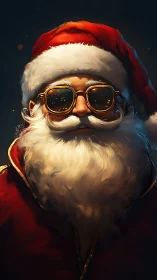 Retro-cool Santa in fiery goggles and luminous brushstrokes.