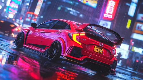 Neon rain crowns a crimson tuner prowling wet city nights