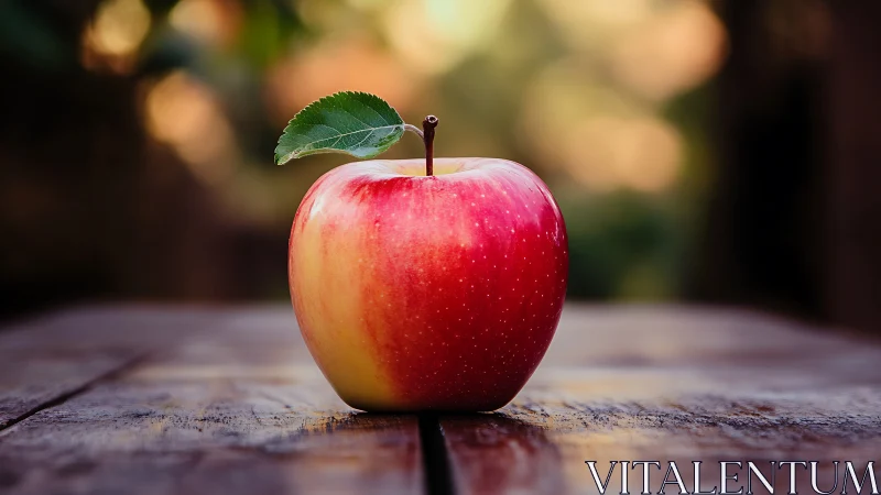 Red and yellow apple on rustic wooden table outdoors.
