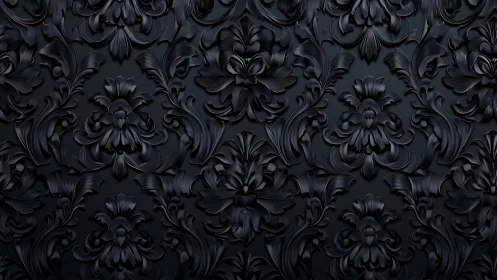 Ornate black baroque floral wallpaper with sculpted relief