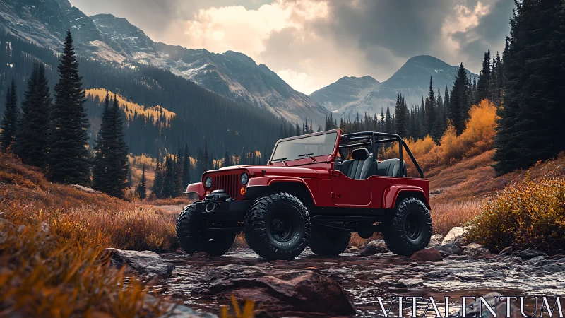 Scarlet trail Jeep idles beneath brooding autumn mountainscape.