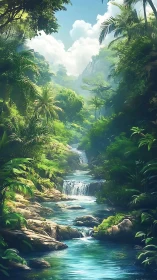 Emerald falls and sky-bright jungle river in quiet song.